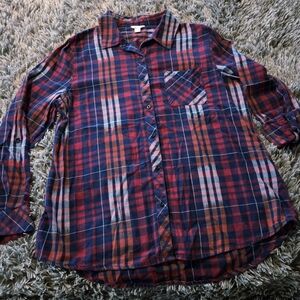 Cato Plaid Button-Down Shirt Red Blue Roll-Tab Sleeves Casual Large